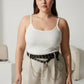 Plus-size black vegan leather grommet belt with o-ring chain cluster