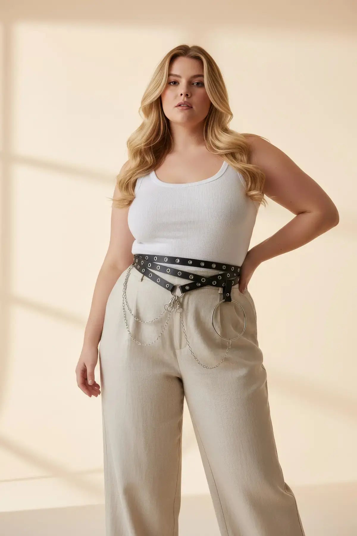 Plus-size black vegan-leather grommet belt with O-ring chain cluster worn at the waist by HarnessClub.