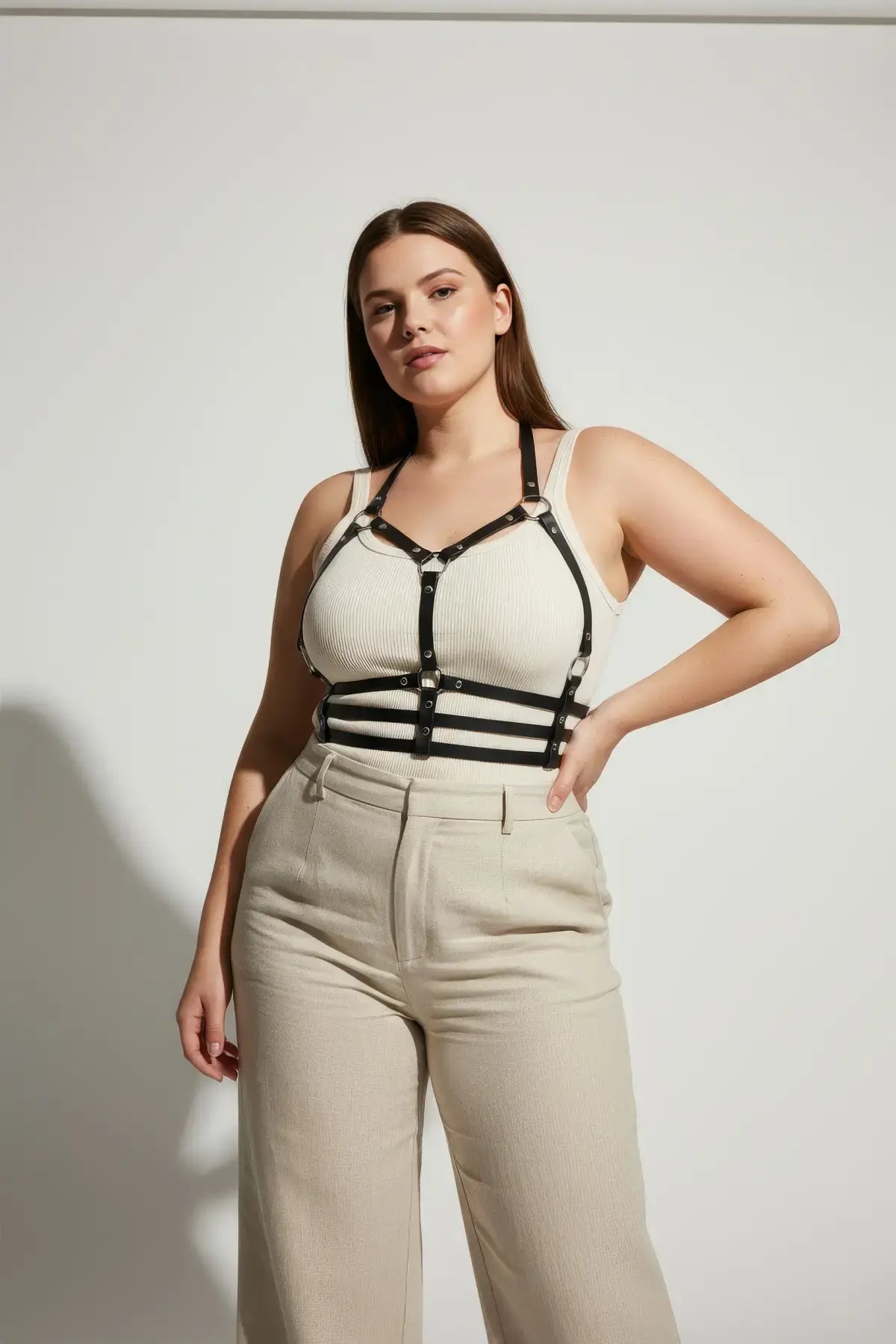 Plus-size black vegan leather halter chest harness with ribcage bands by HarnessClub