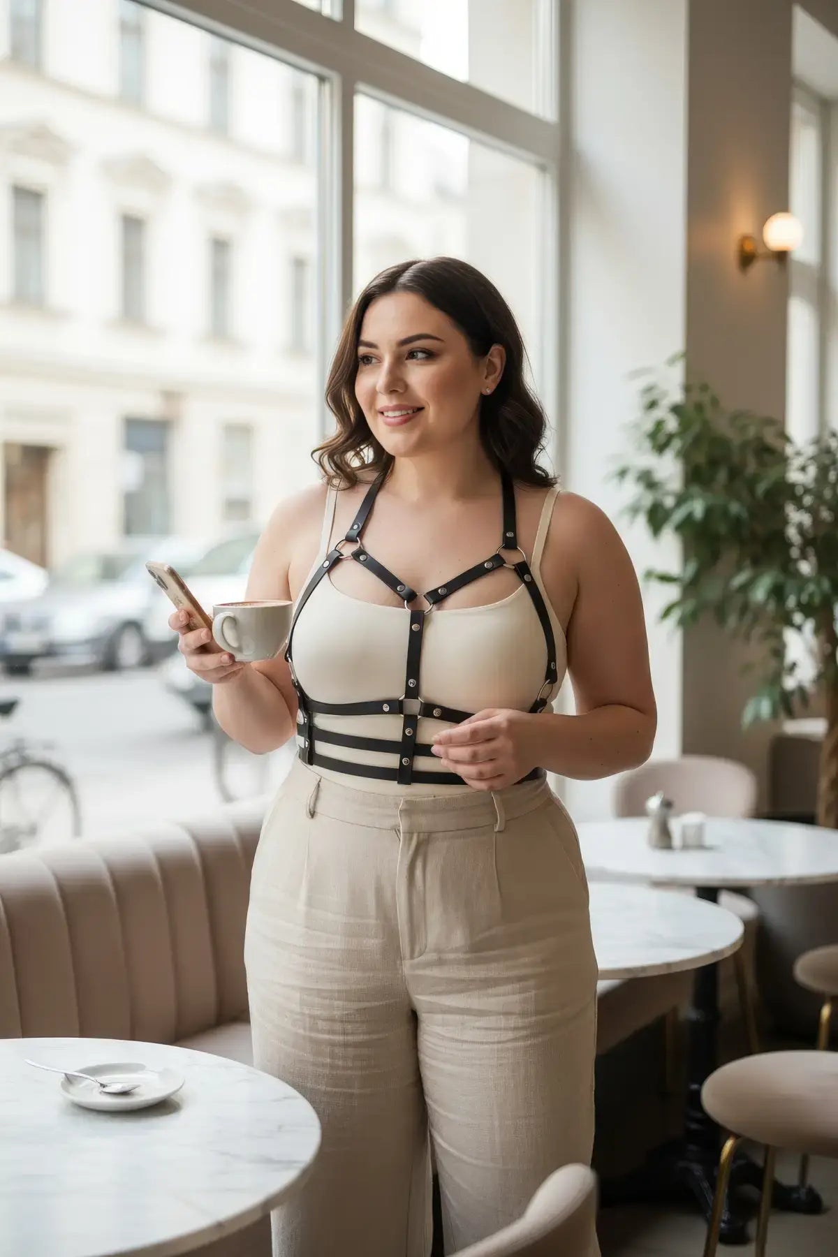 Plus-size black vegan leather halter chest harness with ribcage cage bands by HarnessClub