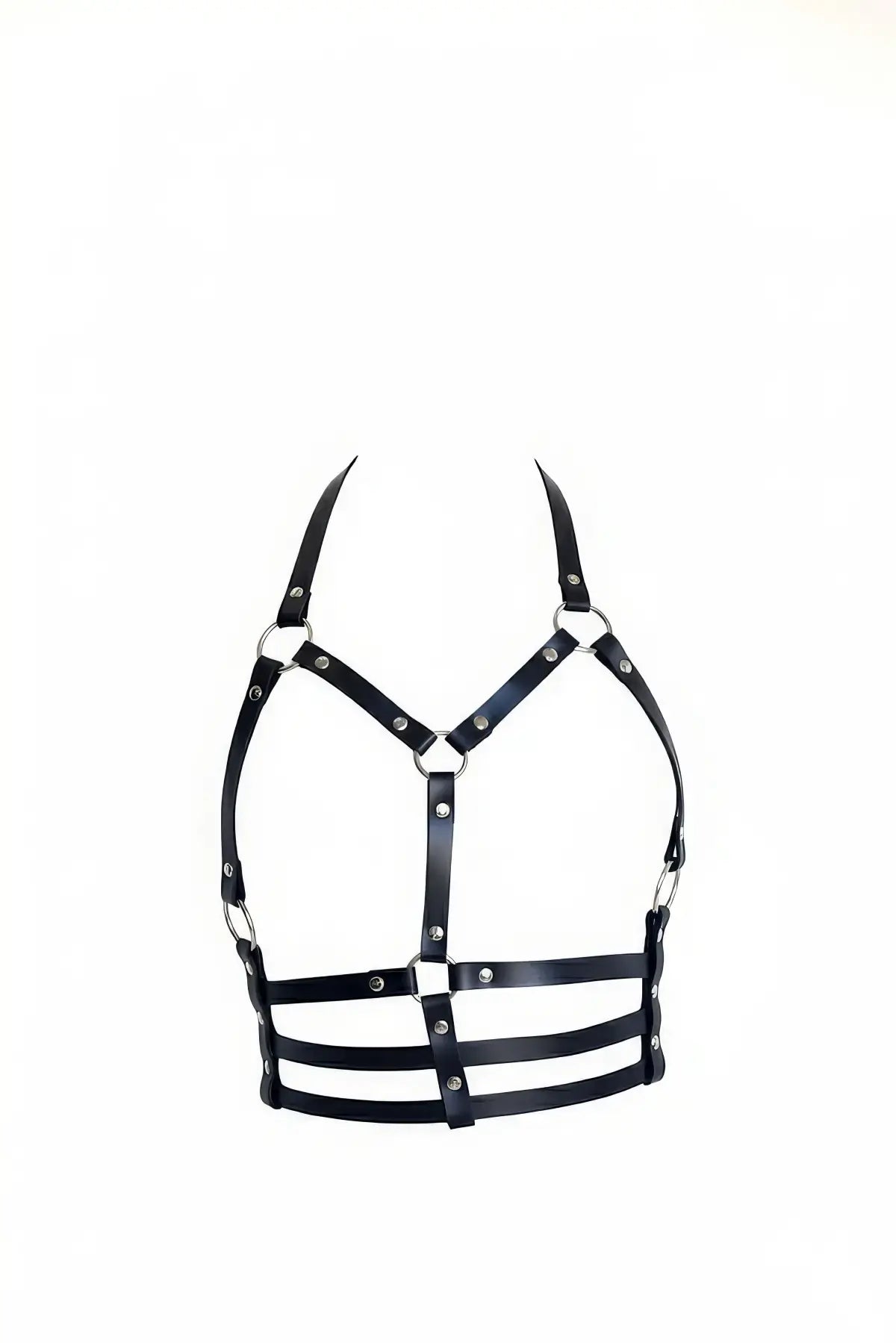 Plus size black vegan-leather halter V-cross multi-band chest harness by HarnessClub