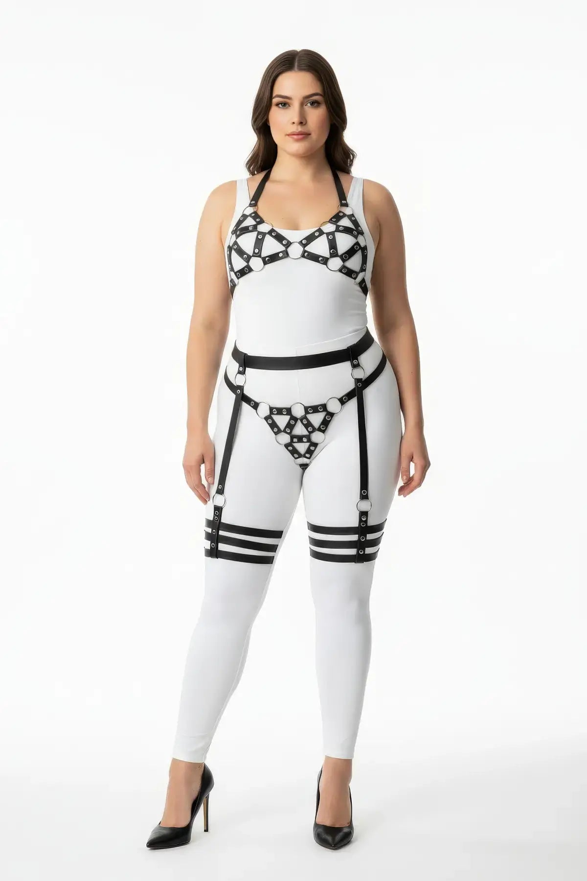Plus Size Black Halterneck Cage & Multi-Band Thigh Harness Set by HarnessClub in vegan leather
