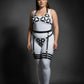 Plus Size Black Halterneck Cage and Multi-Band Thigh Harness Set in vegan leather worn over a white bodysuit.