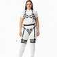 Plus-size black halterneck cage and multi-band thigh harness set in vegan leather.