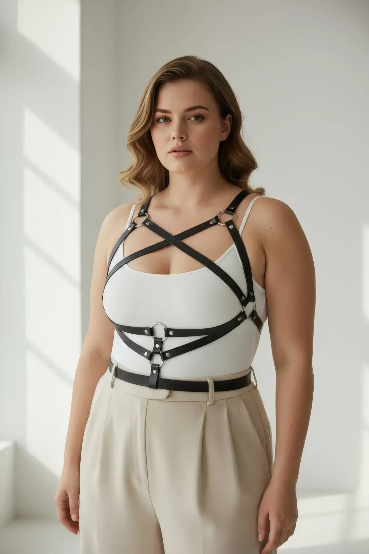 Plus-size black leather harness-style body accessory worn over white top