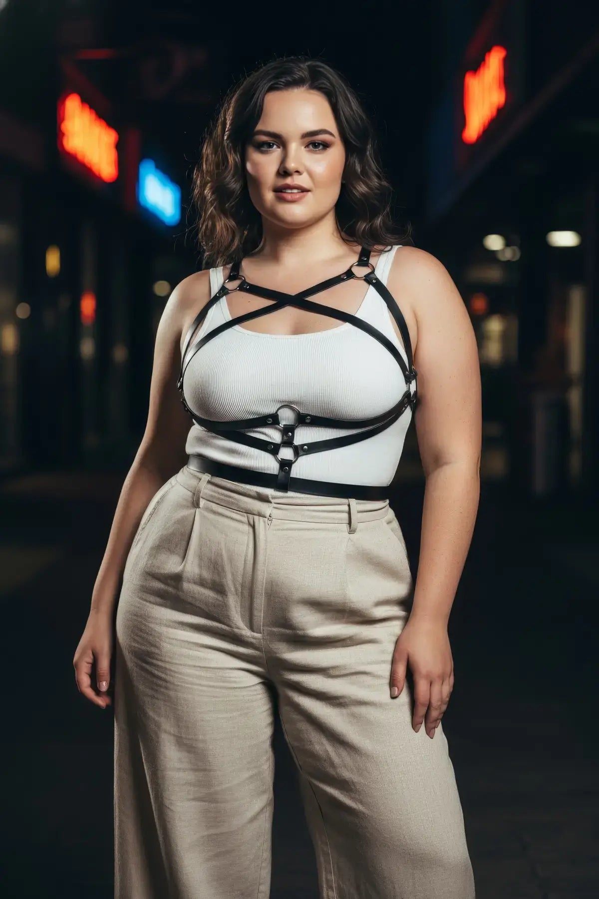 Plus-size black leather harness-style body accessory by HarnessClub worn over a white top