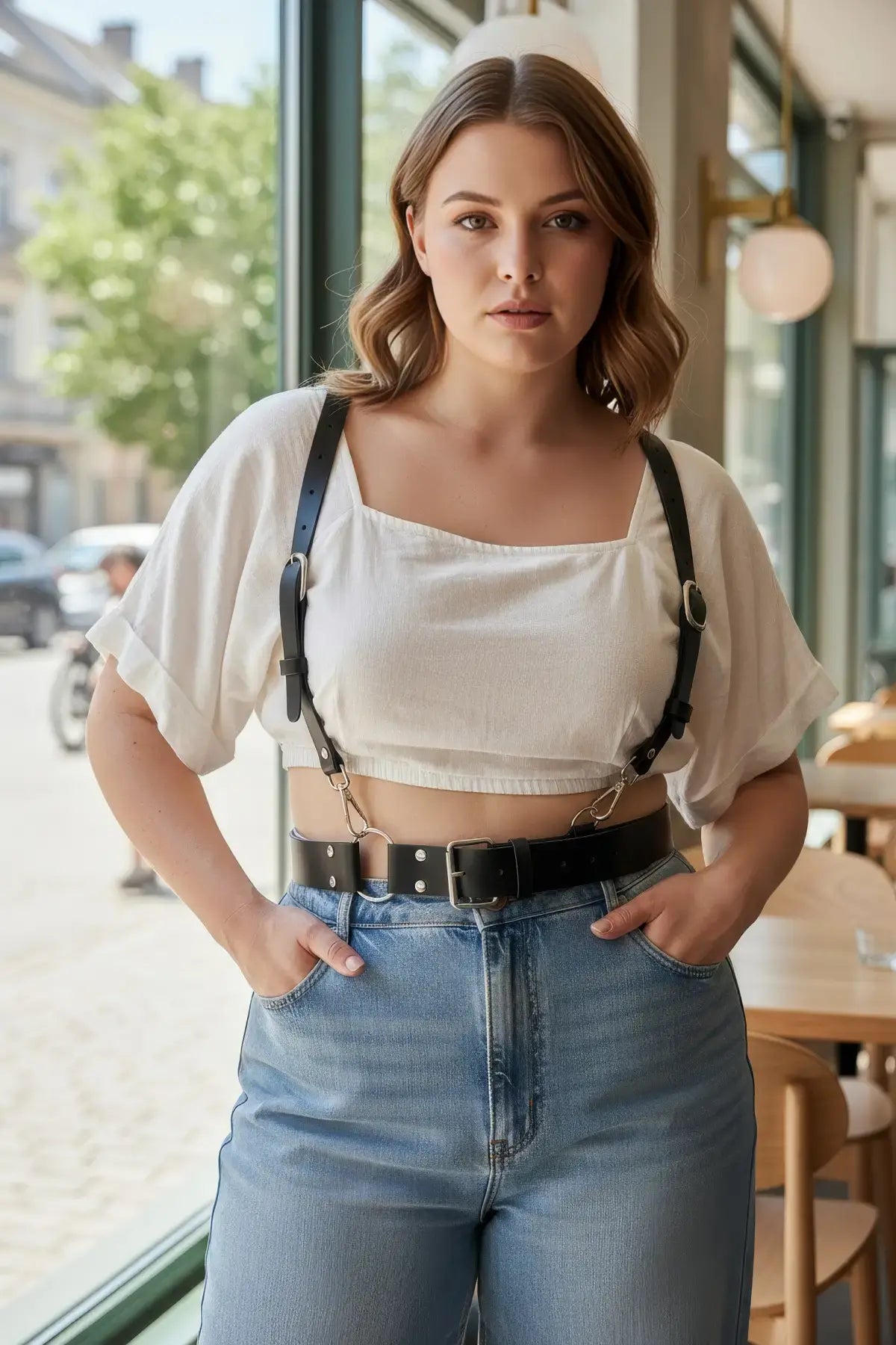 Plus Size black leather harness with O-ring detailing by HarnessClub