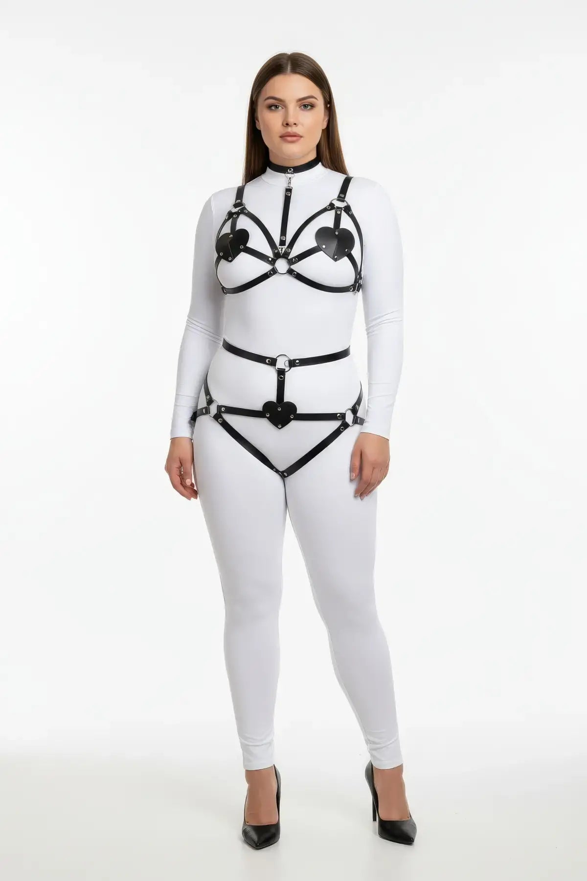 Plus Size Black Heart-Detail Full Body Harness Set in vegan leather on model