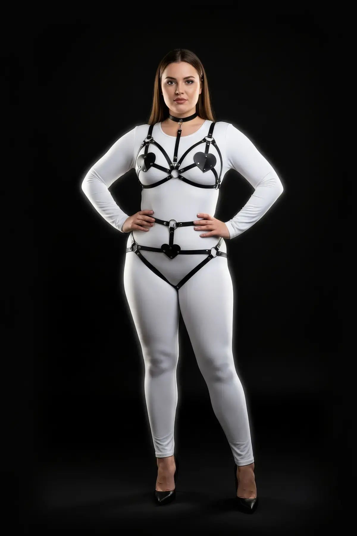 HarnessClub plus-size black vegan leather heart-detail full-body harness set with silver hardware
