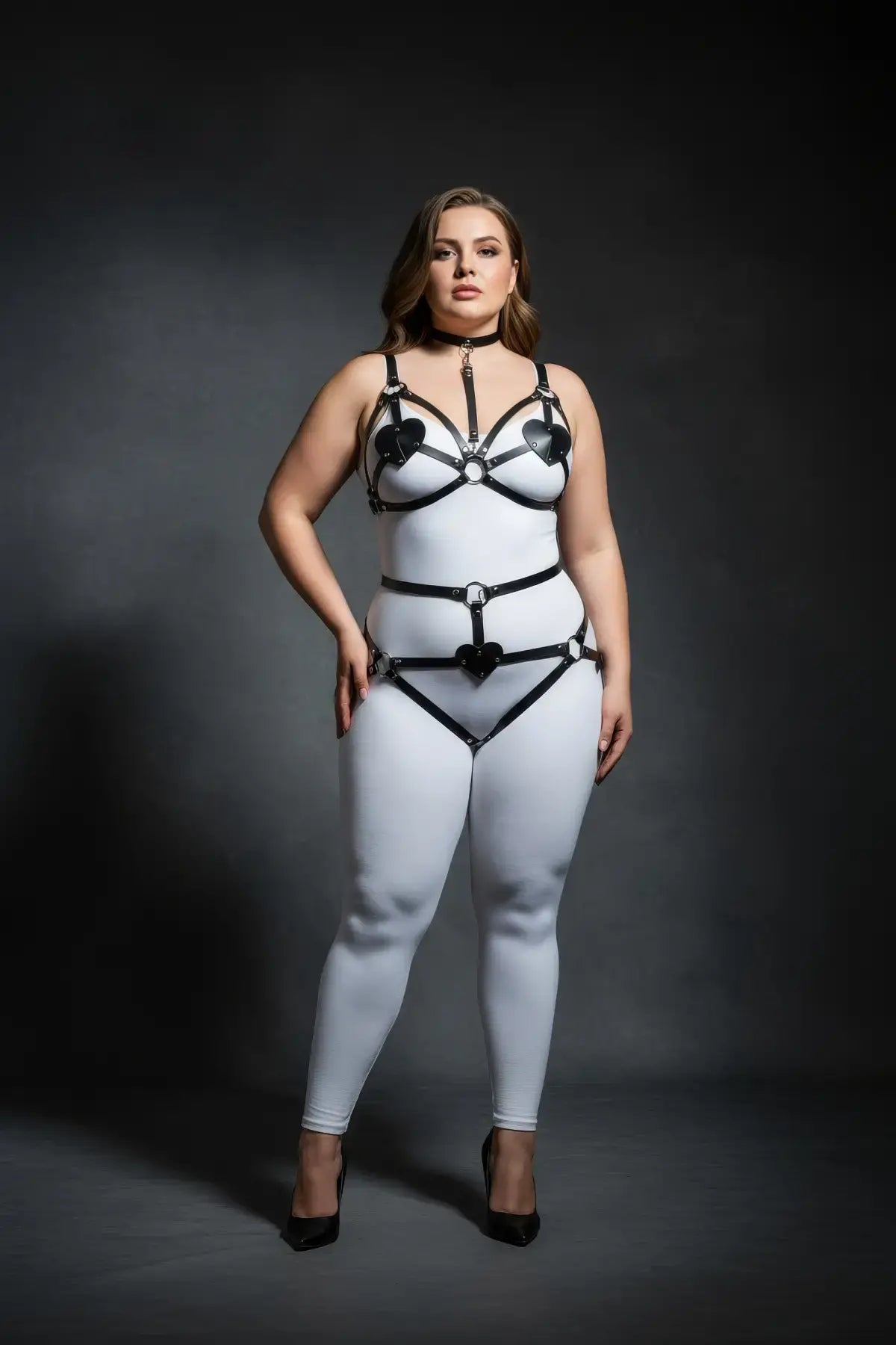 HarnessClub plus-size black heart-detail full-body harness set in vegan leather with silver hardware