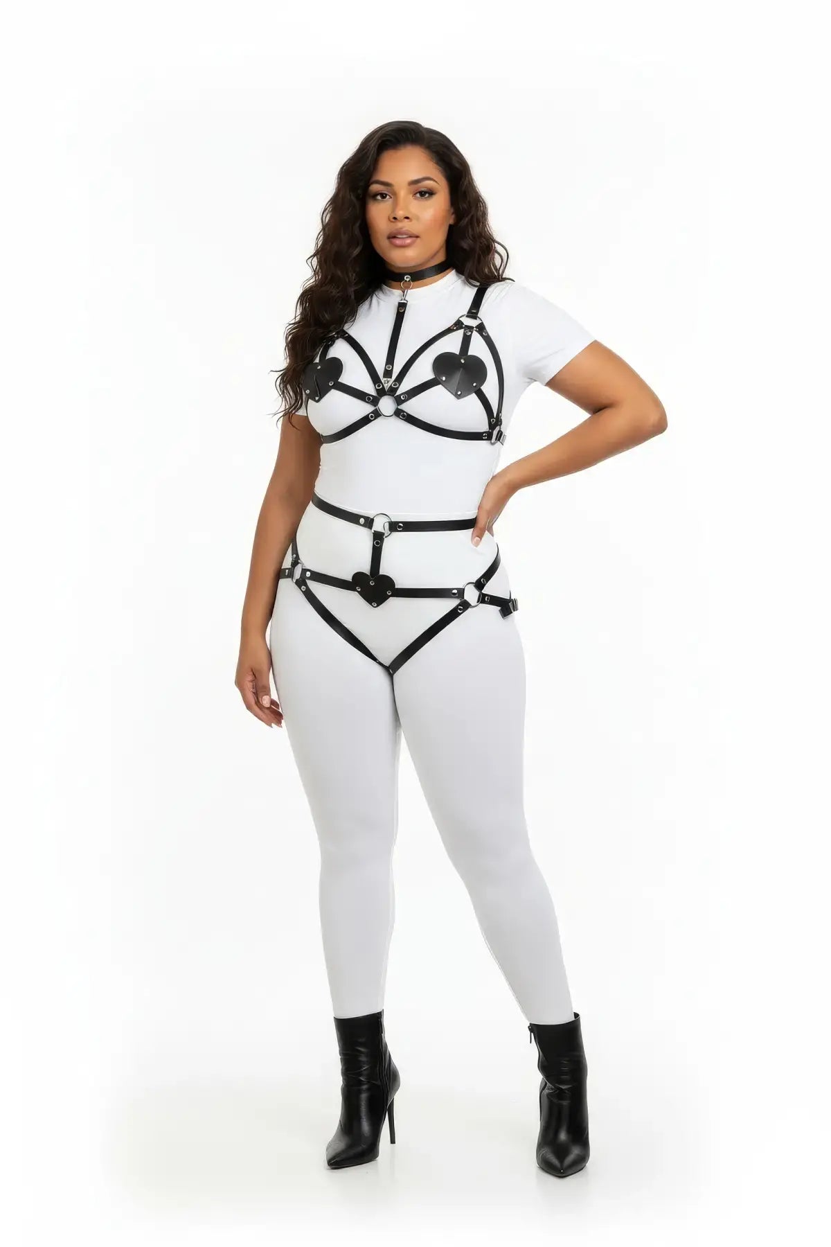 Plus-size black heart-detail full-body harness set in vegan leather with silver hardware by HarnessClub.