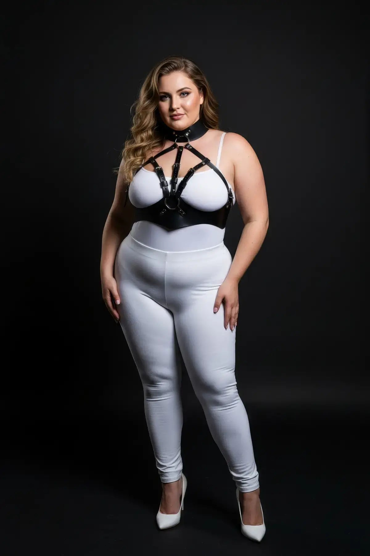 Plus-size black faux-leather chest harness with high collar worn over a white top by HarnessClub