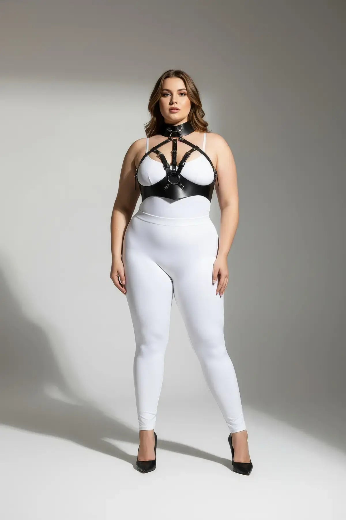 Plus-size black faux-leather chest harness set with high collar and O-ring detail