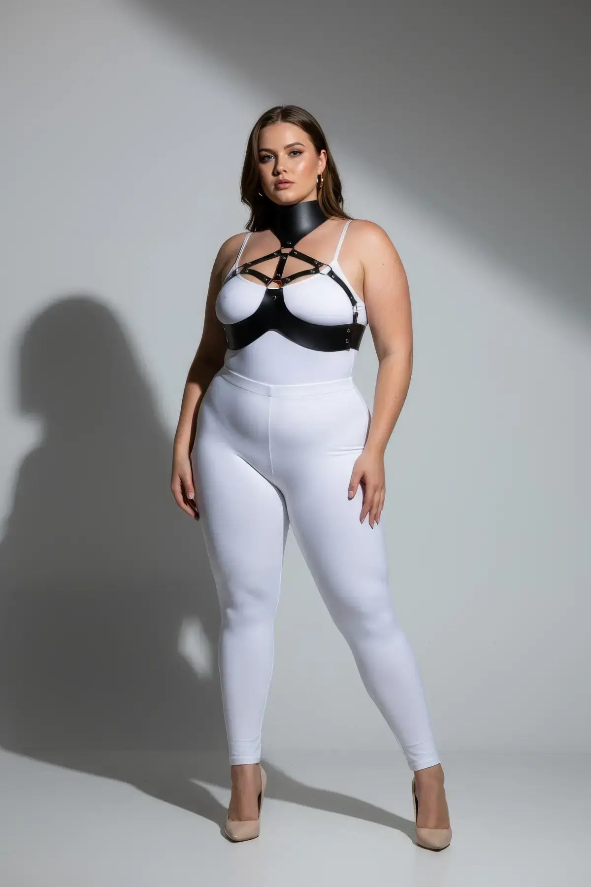 Plus-size black faux-leather O-ring harness set with high collar by HarnessClub