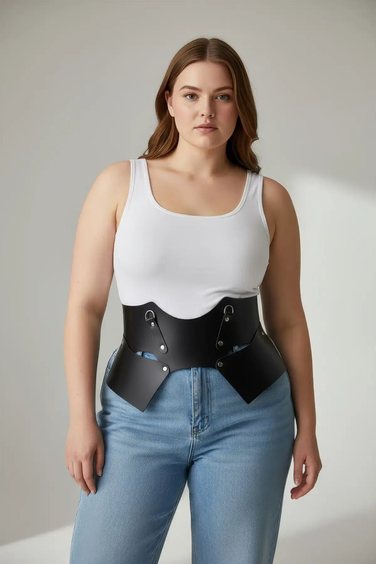Plus-size black lace-up corset belt by HarnessClub, vegan leather waist harness worn over white tank top.