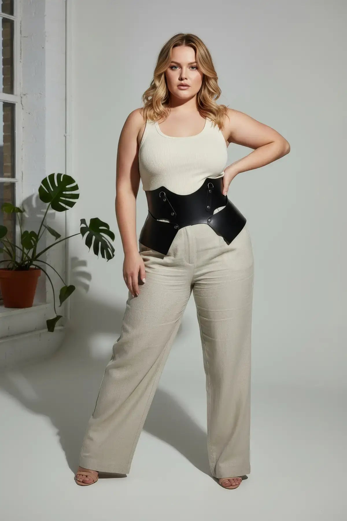 Plus Size Black Lace-Up Corset Belt by HarnessClub; vegan leather, structured waist harness.