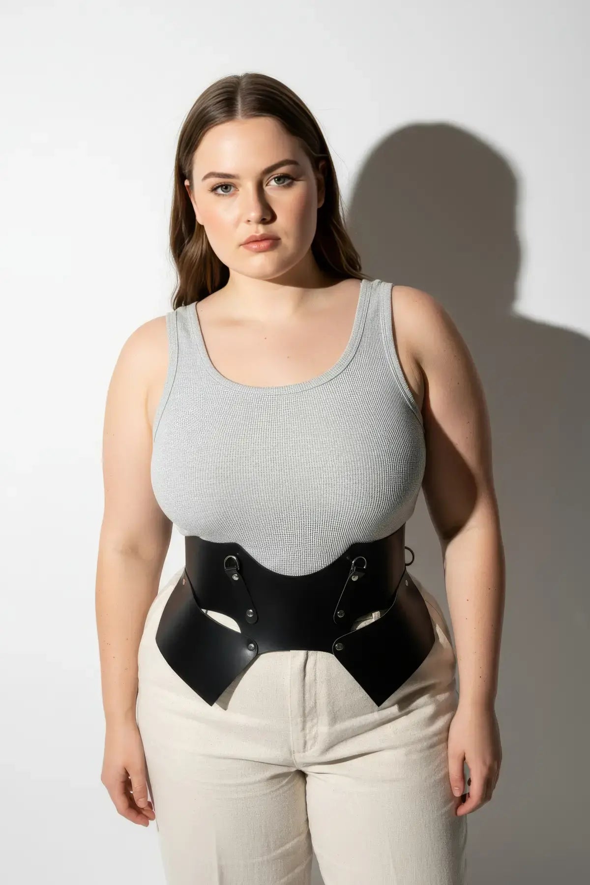 Plus Size Black Lace-Up Corset Belt by HarnessClub, vegan leather waist harness