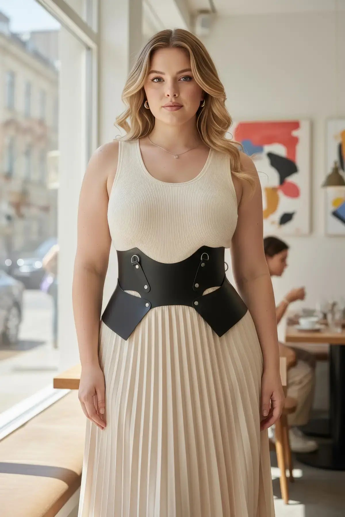 Plus-size black vegan-leather lace-up corset belt, a structured waist harness worn over a cream ribbed top.