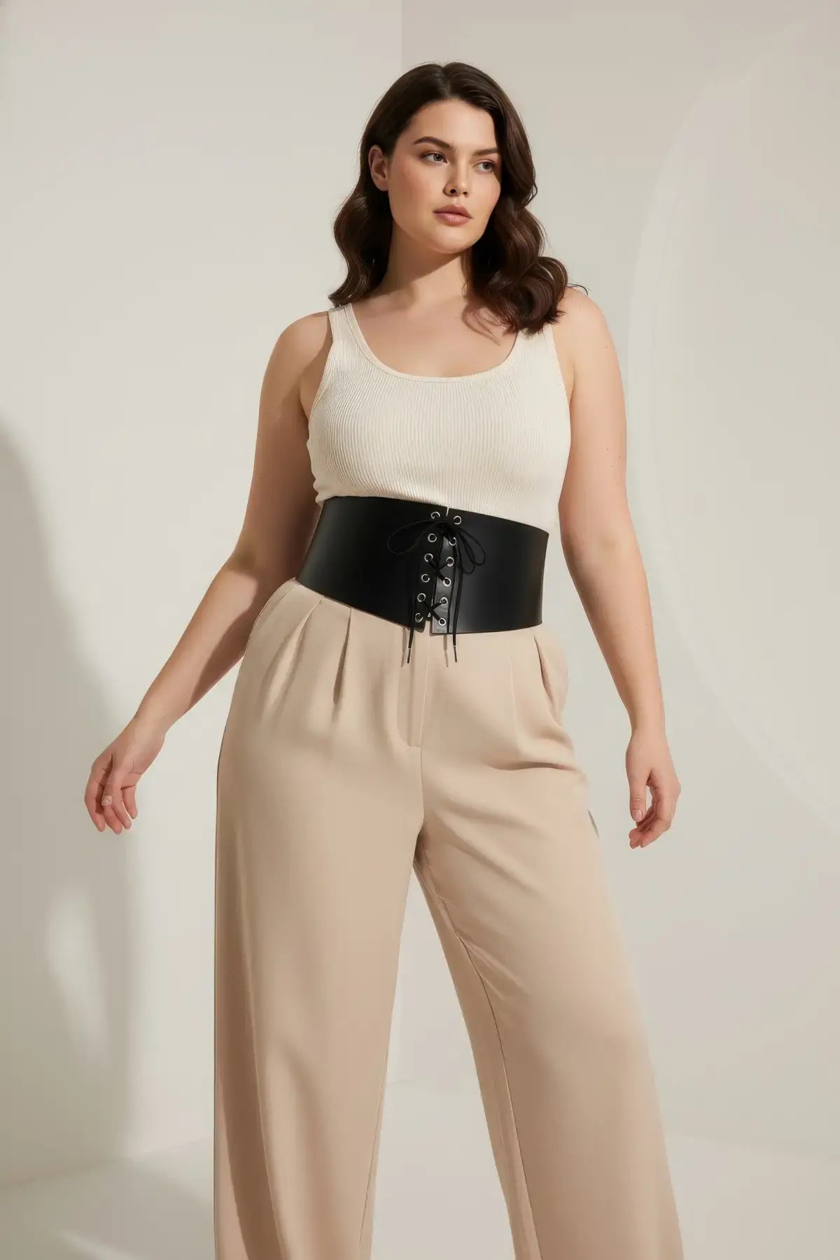 Plus Size Black Lace-Up Corset Body Harness worn over a cream ribbed tank and beige trousers