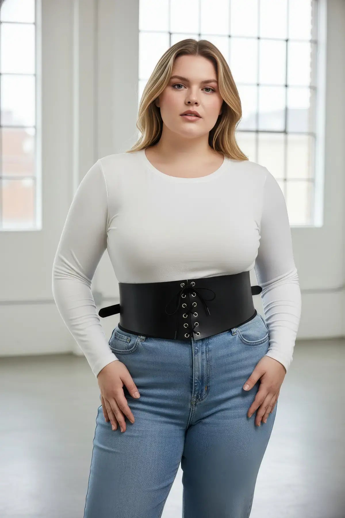 Plus Size Black Lace-Up Corset Body Harness by HarnessClub, waist-cinching dress layering accessory.