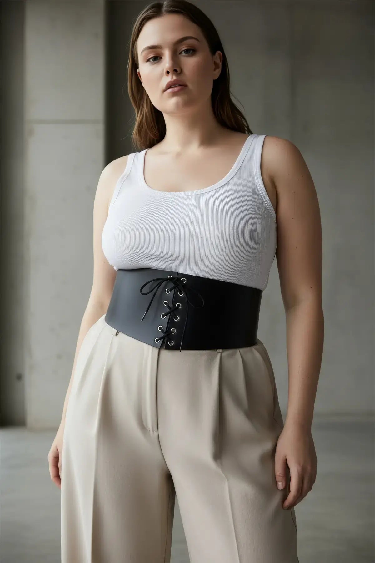 Plus size black lace-up corset belt by HarnessClub worn over white ribbed tank top.