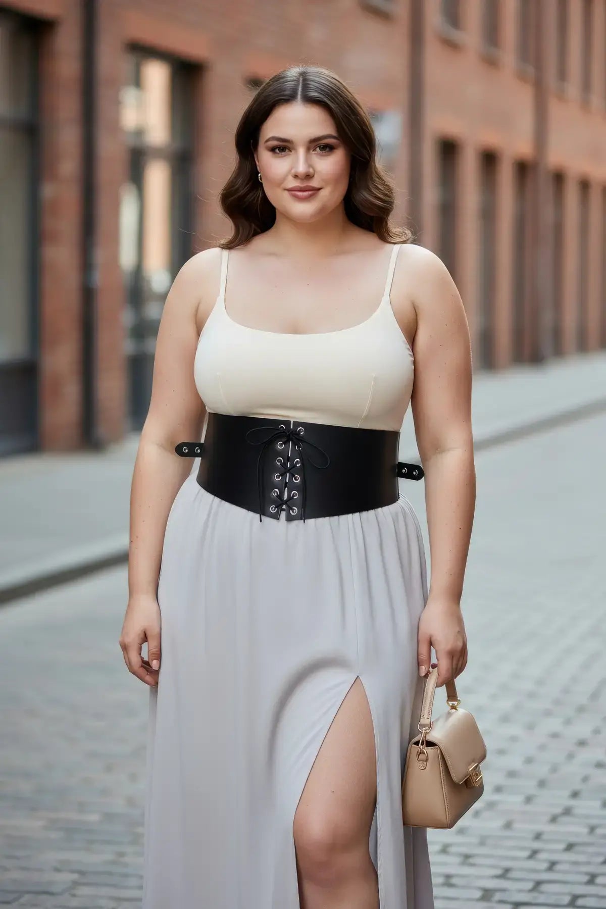 Plus size black lace-up corset waist belt worn over a white top and light gray dress on a city street.