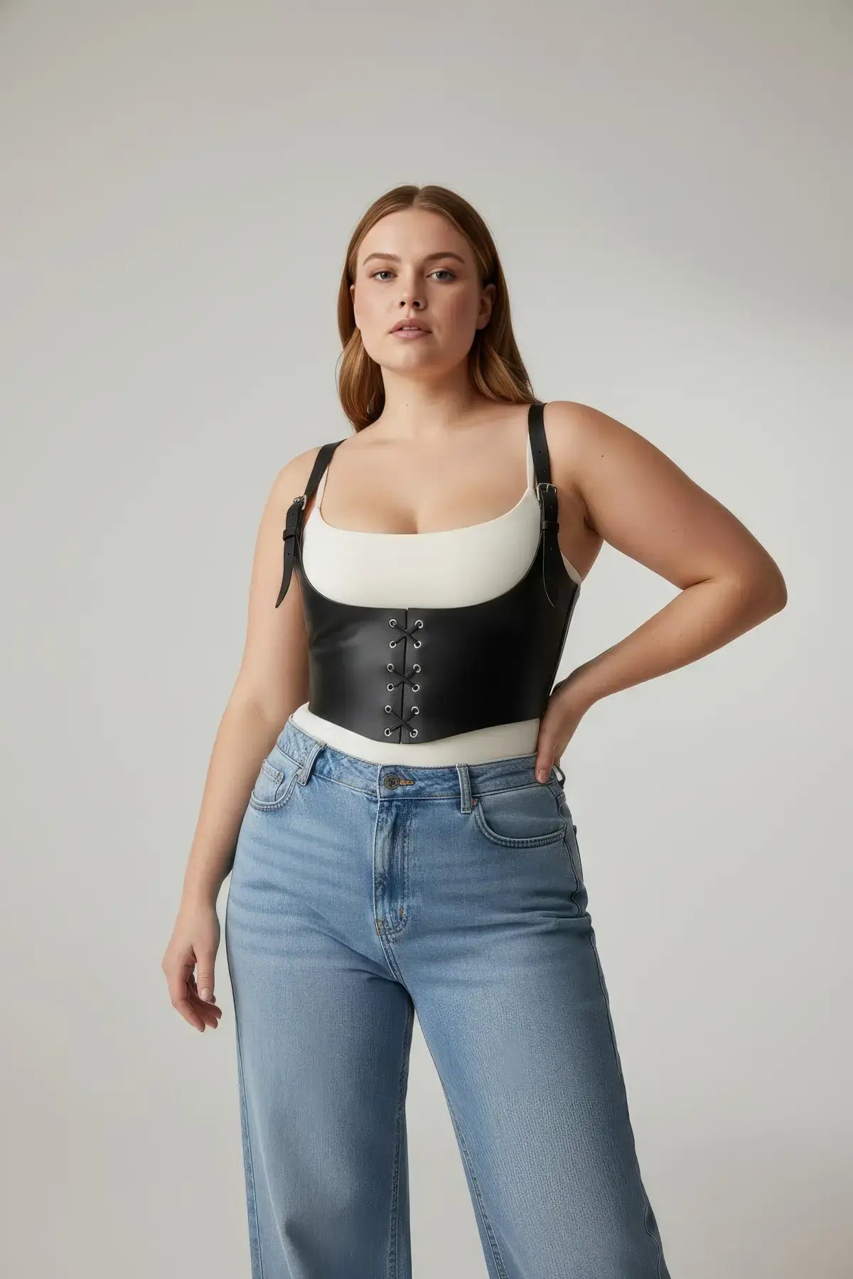 Plus-size black lace-up corset harness by HarnessClub, vegan leather body accessory with front lace-up.