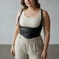 Plus-size black vegan leather lace-up corset harness with front lace detail