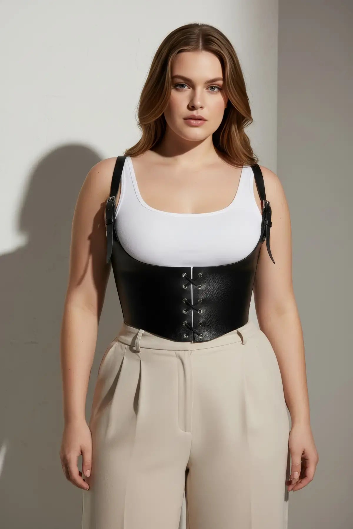 HarnessClub Plus-Size black lace-up corset harness in vegan leather