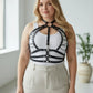 Plus Size Black Lace-Up Corset-Style Leather Harness worn over white tank top
