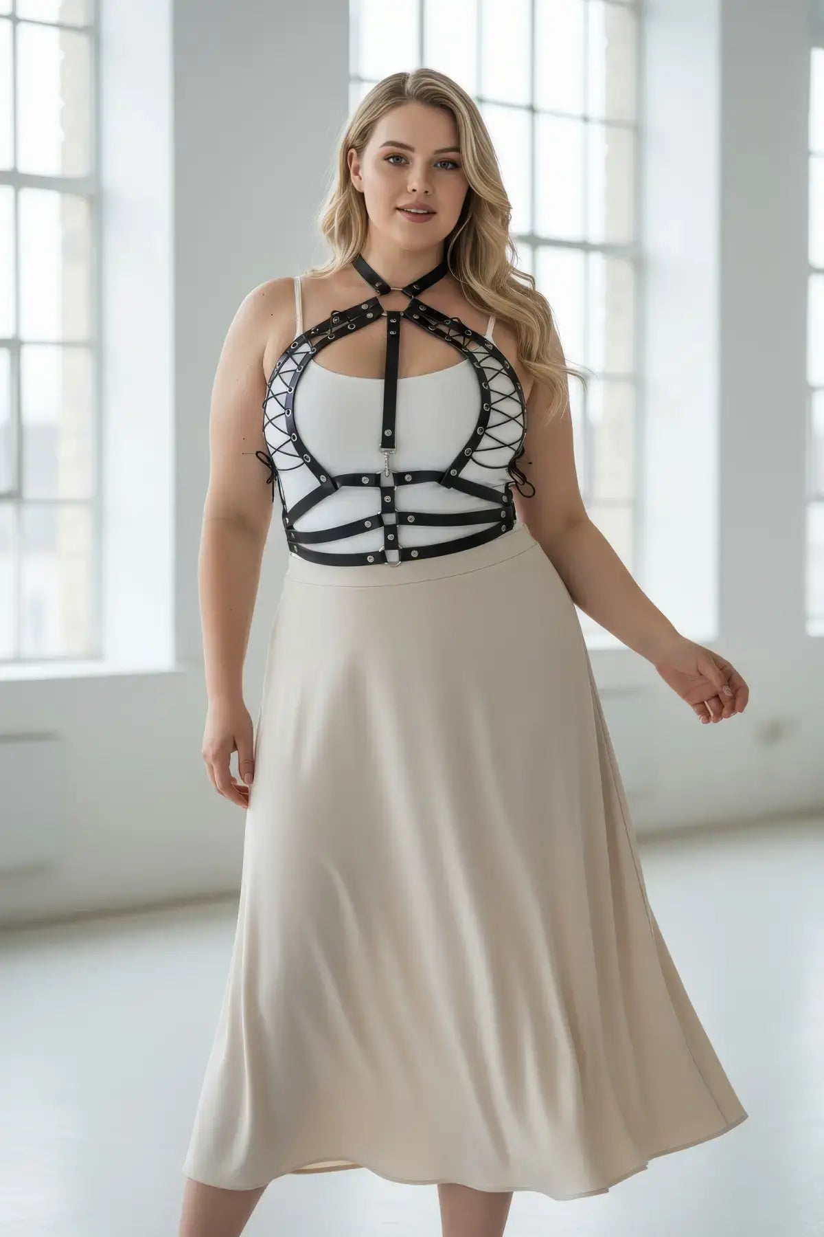 Plus-size black leather lace-up corset-style harness with riveted straps worn over a white top.