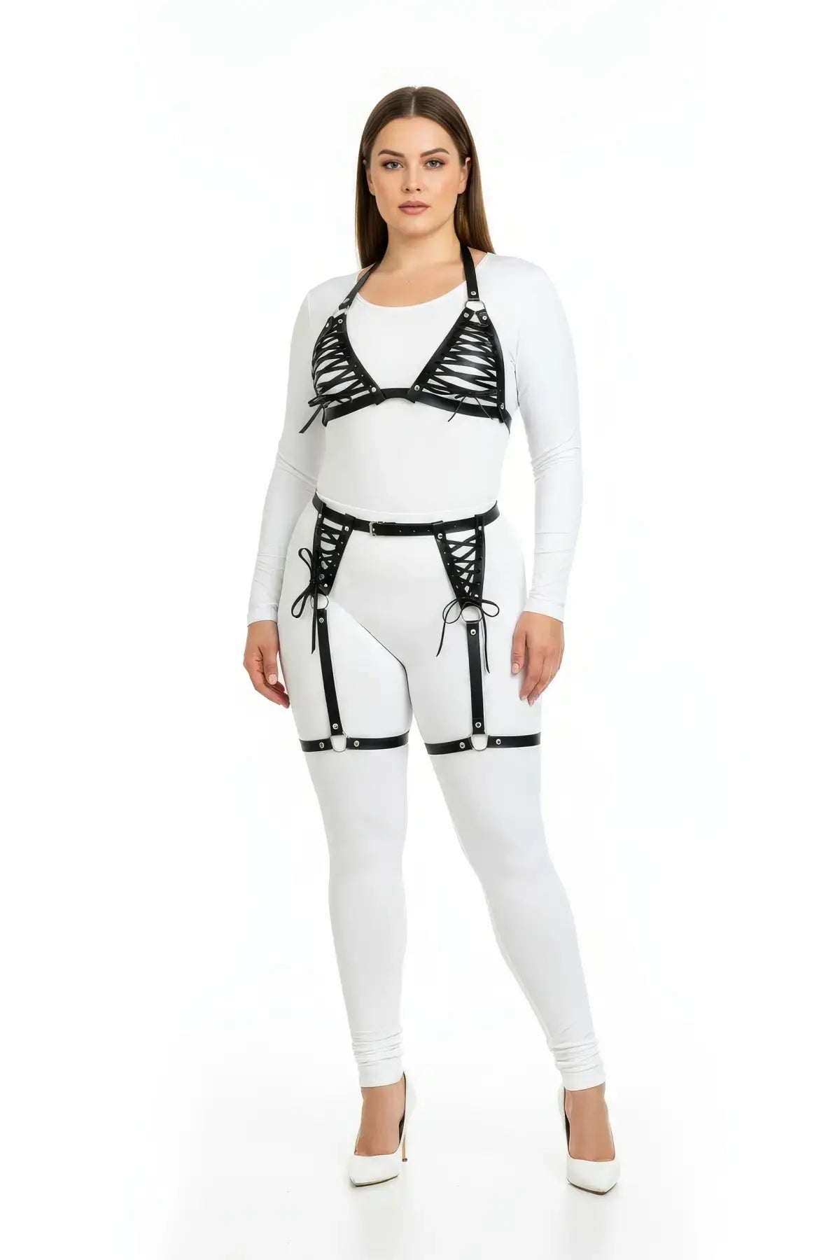 Plus-size black vegan leather harness set with lace-up top and garter belt by HarnessClub