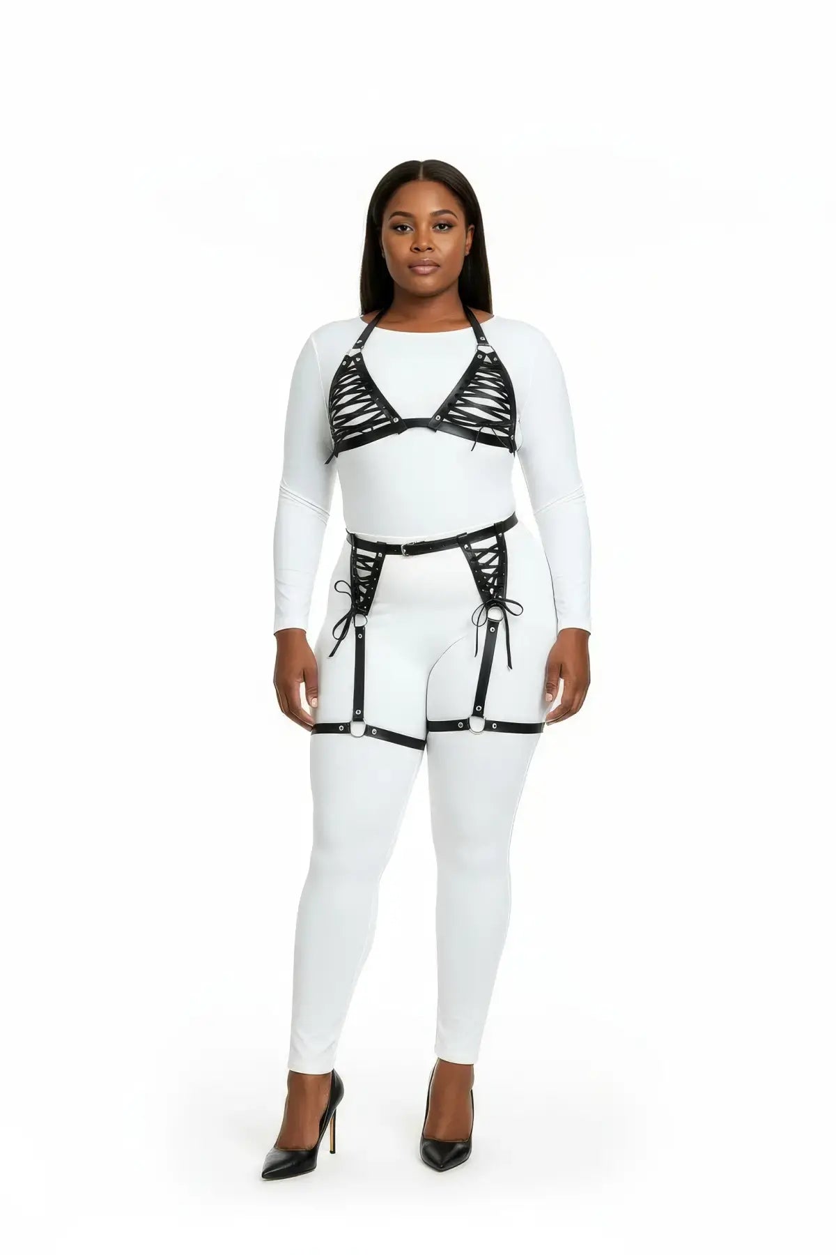 Plus-size black vegan leather two-piece harness set with garter belt by HarnessClub.
