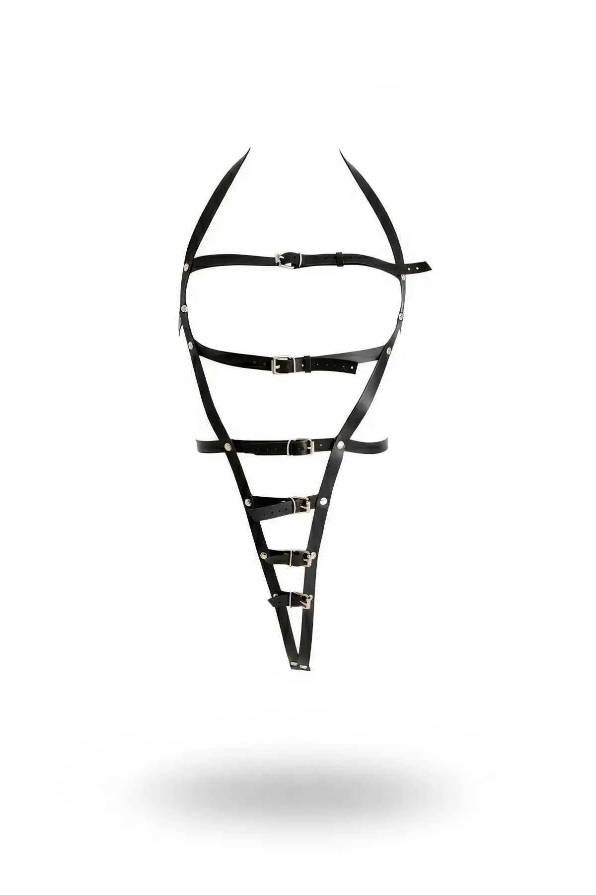 Plus Size Black Ladder Body Harness by HarnessClub in vegan leather with multiple buckled straps.