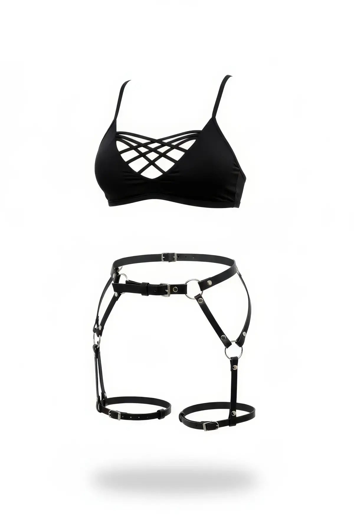 HarnessClub plus-size black lattice-front bralette and thigh garter harness set in vegan leather (2-piece)