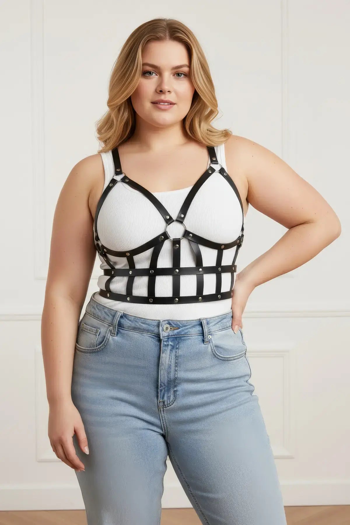 Plus size black leather body harness outfit completer with metal rings by HarnessClub