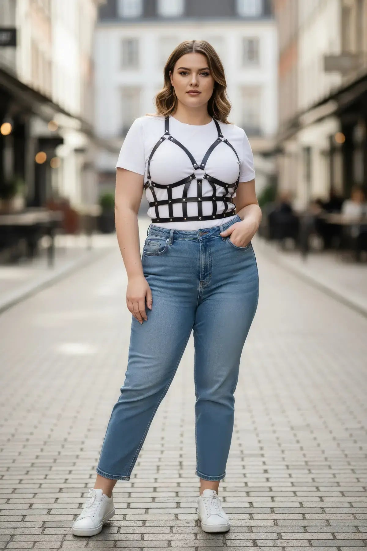 Plus-size black leather body harness outfit worn over a white tee, HarnessClub, with blue jeans.