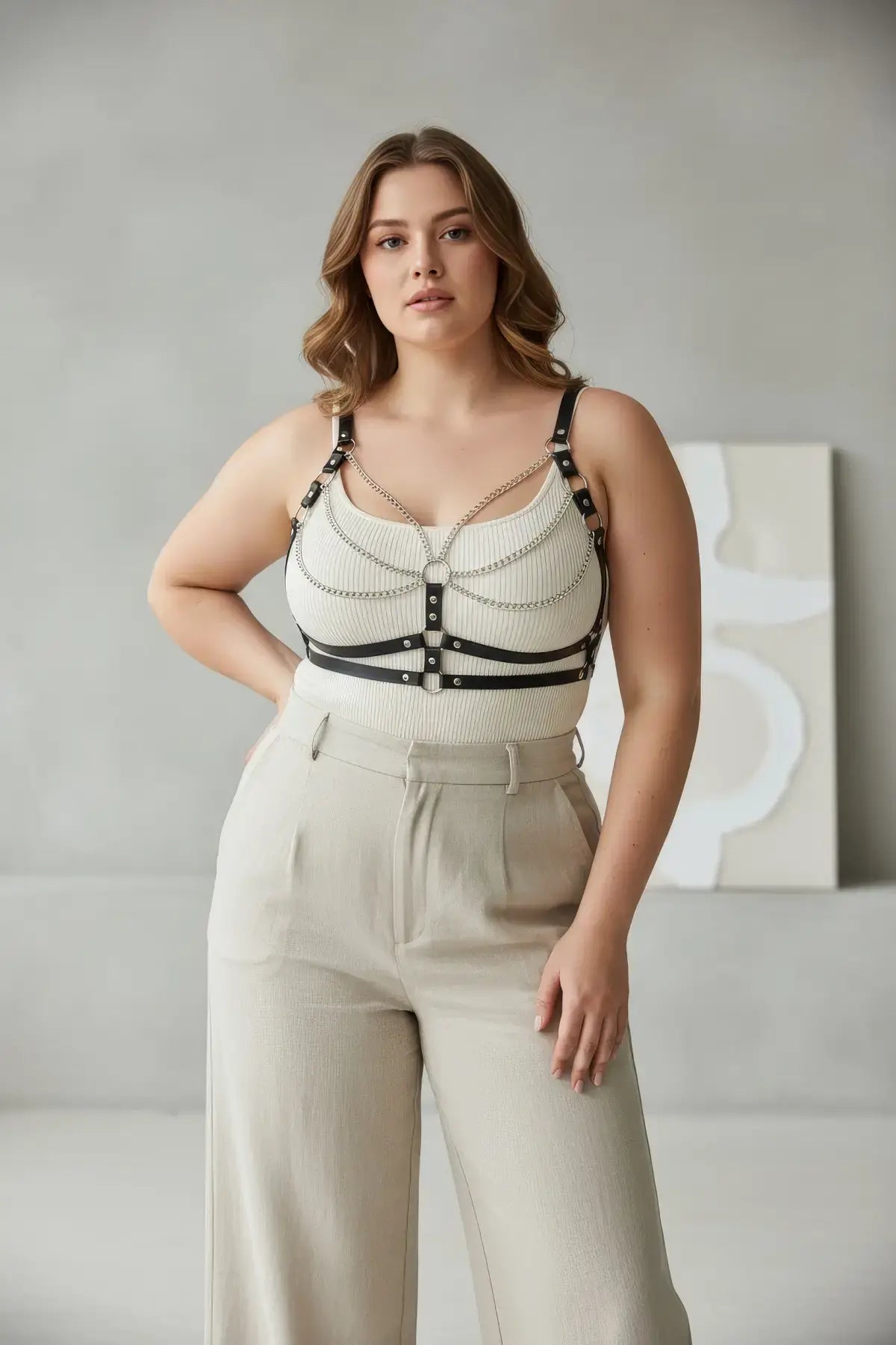 Plus Size Black Leather Chain-Detail Body Harness by HarnessClub with chain hardware