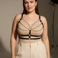 HarnessClub Plus Size Black Leather Chain-Detail Body Harness with metal chain accents