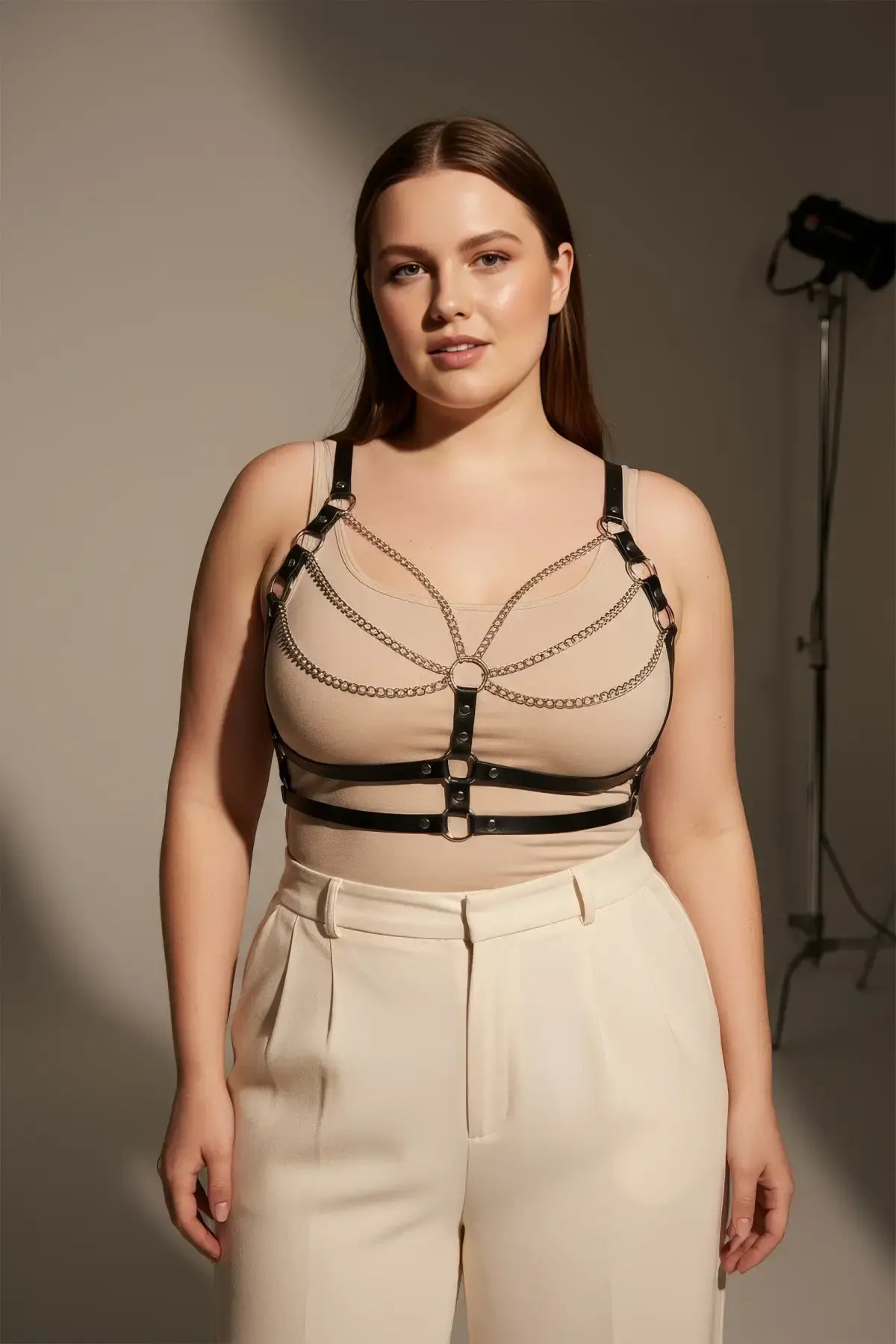 HarnessClub Plus Size Black Leather Chain-Detail Body Harness with metal chain accents