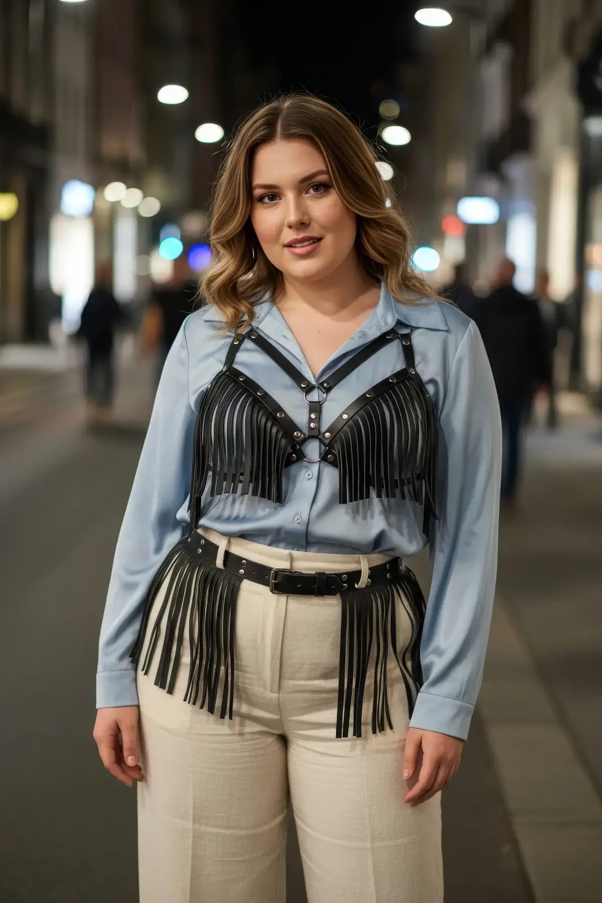 Plus Size Black Leather Fringe Harness by HarnessClub, vegan leather body accessory