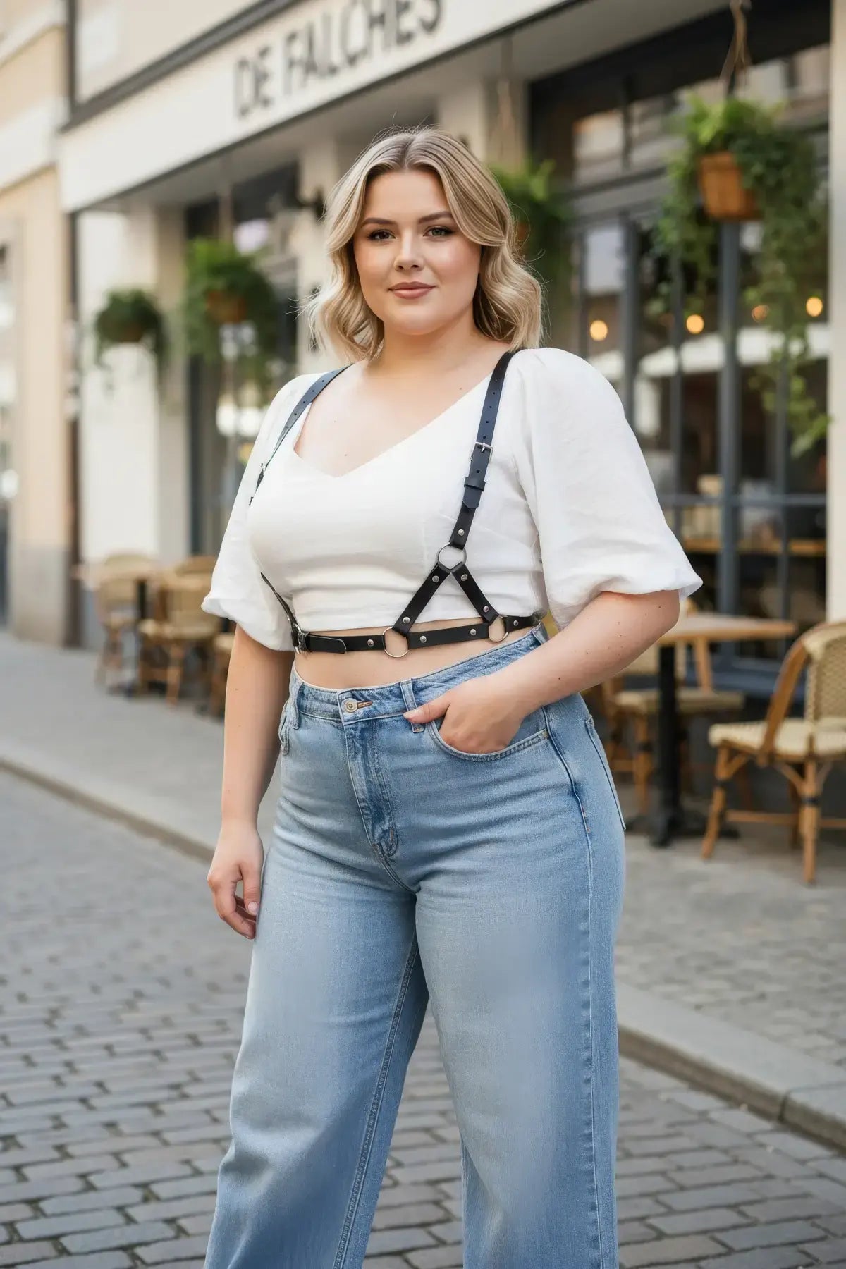 Plus Size Black Leather Harness Body Accessory worn by a woman in a white top and jeans, with metal rings.