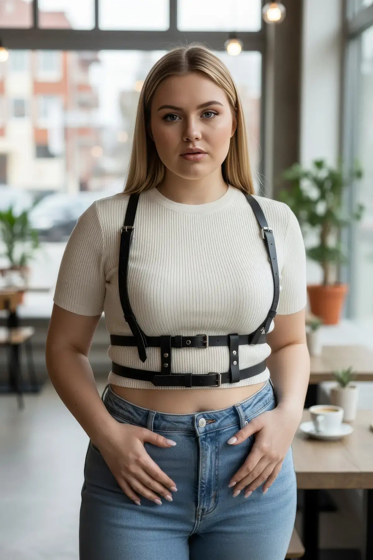 Plus Size black leather harness-look adjustable body accessory by HarnessClub worn over a cream knit top