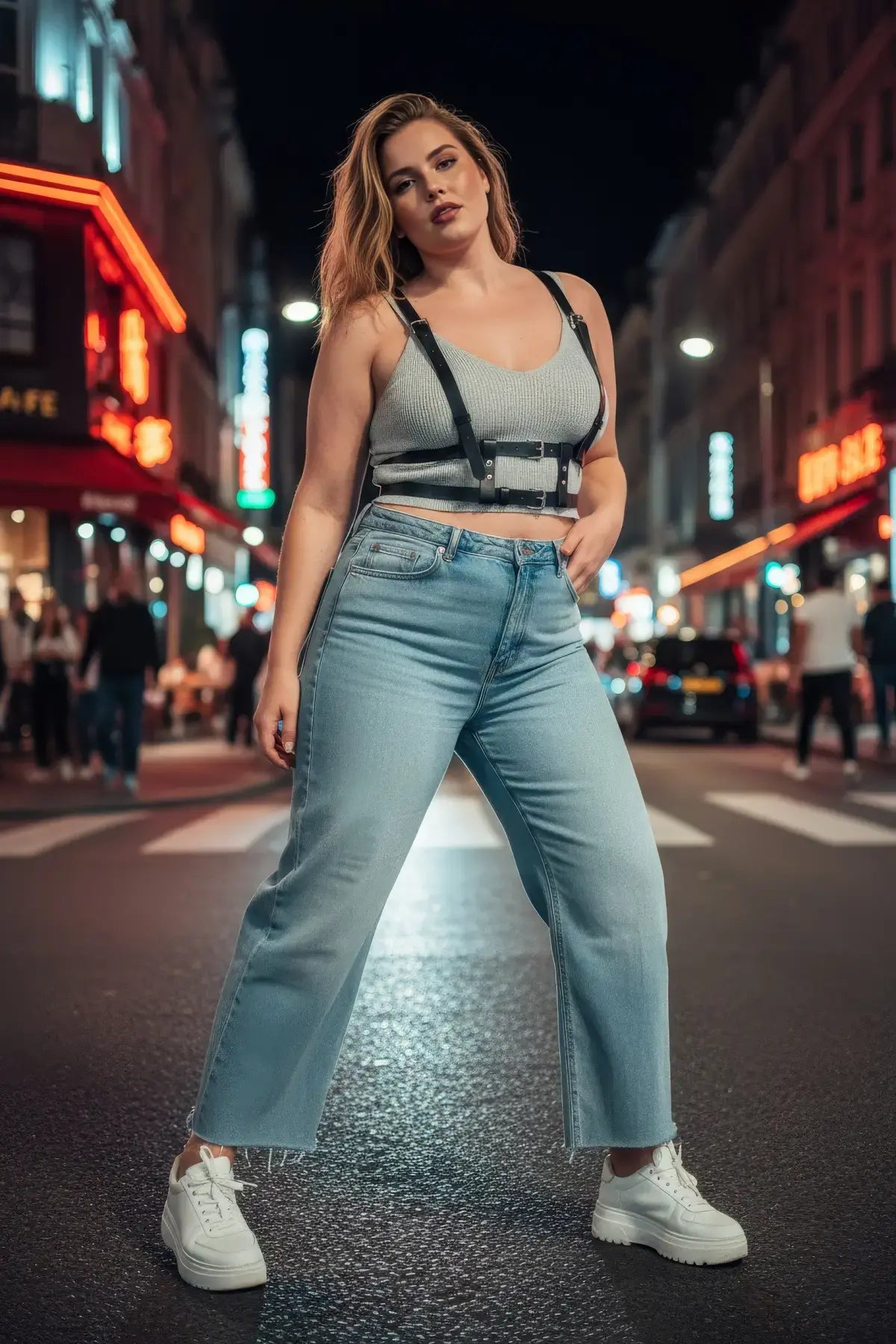 Plus Size Black Leather Harness-Look Adjustable Body Accessory by HarnessClub worn over a gray tank, paired with blue jeans