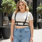 Plus Size Black Leather Harness-Look Adjustable Body Accessory worn over a white top