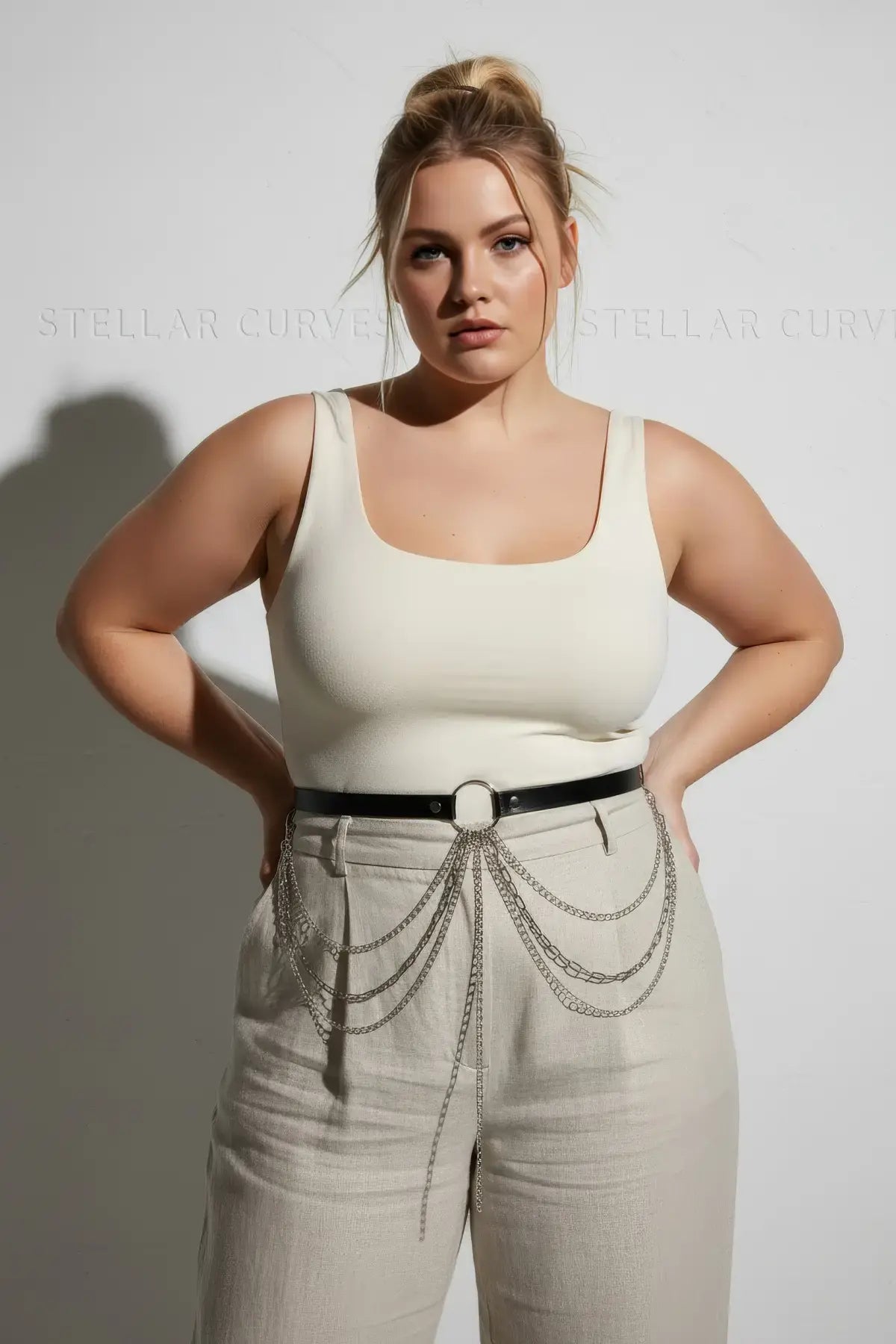 Plus Size Black Leather Multi-Chain Detail Belt by HarnessClub with circular metal ring and draped chains