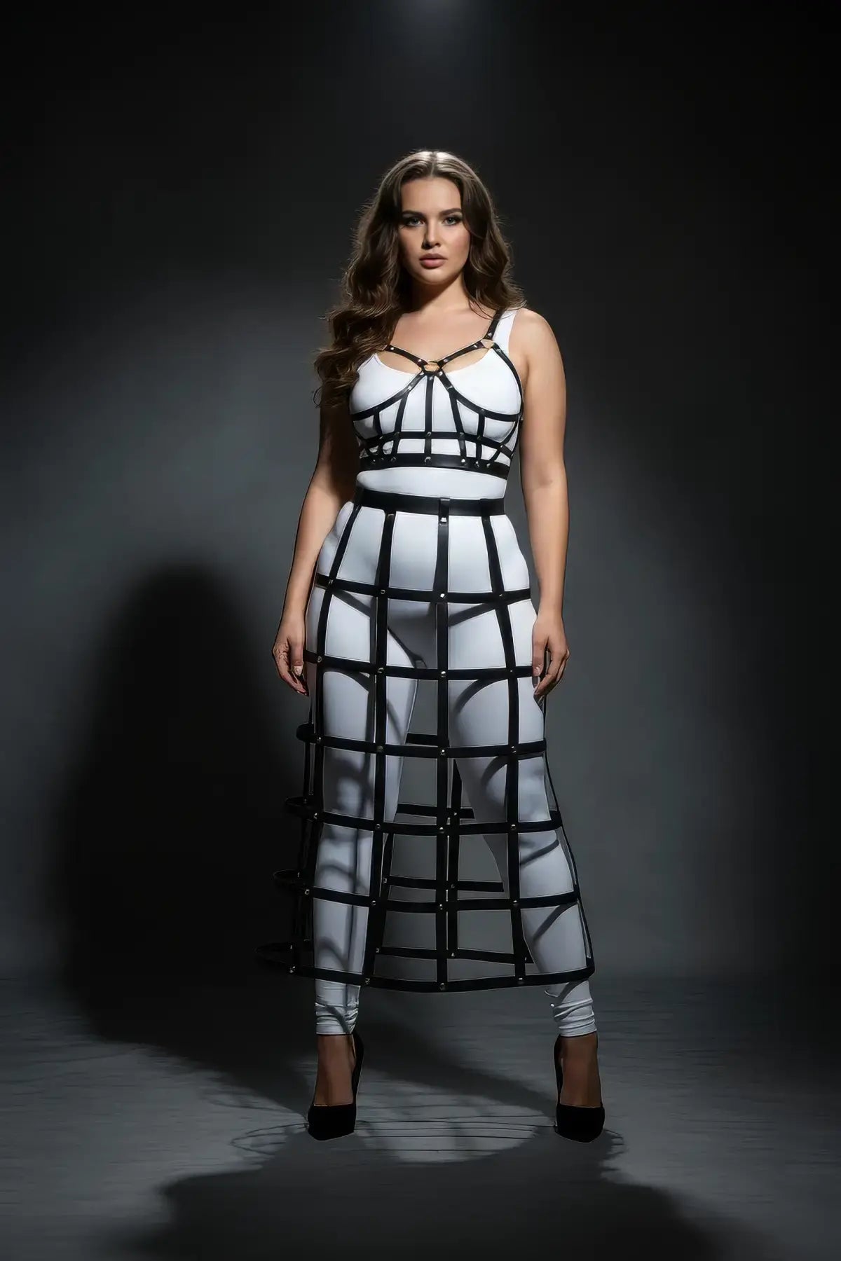 Plus-size black vegan-leather long cage skirt and chest-harness set by HarnessClub