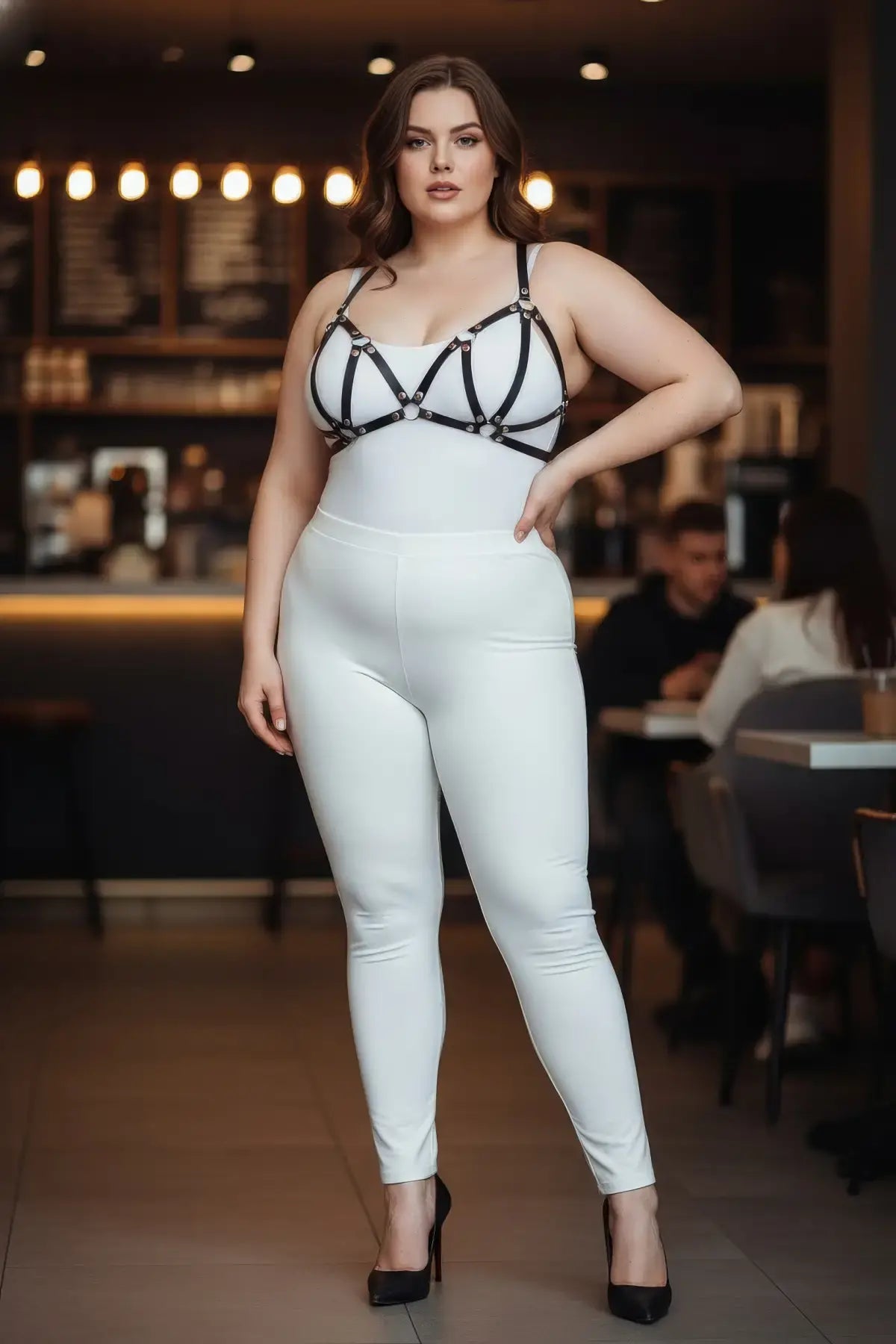 Plus size black M-strap vegan leather bra harness with studs, worn over white outfit, HarnessClub.