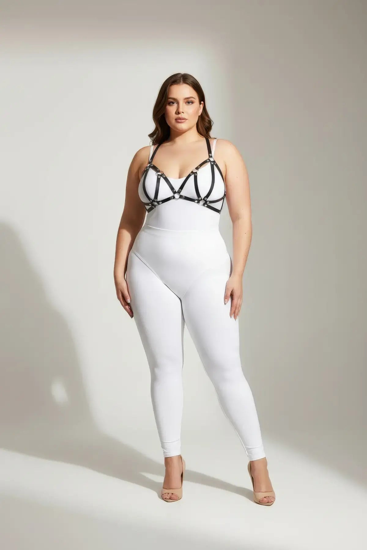 Plus-size black M-strap vegan leather bra harness with studs, HarnessClub