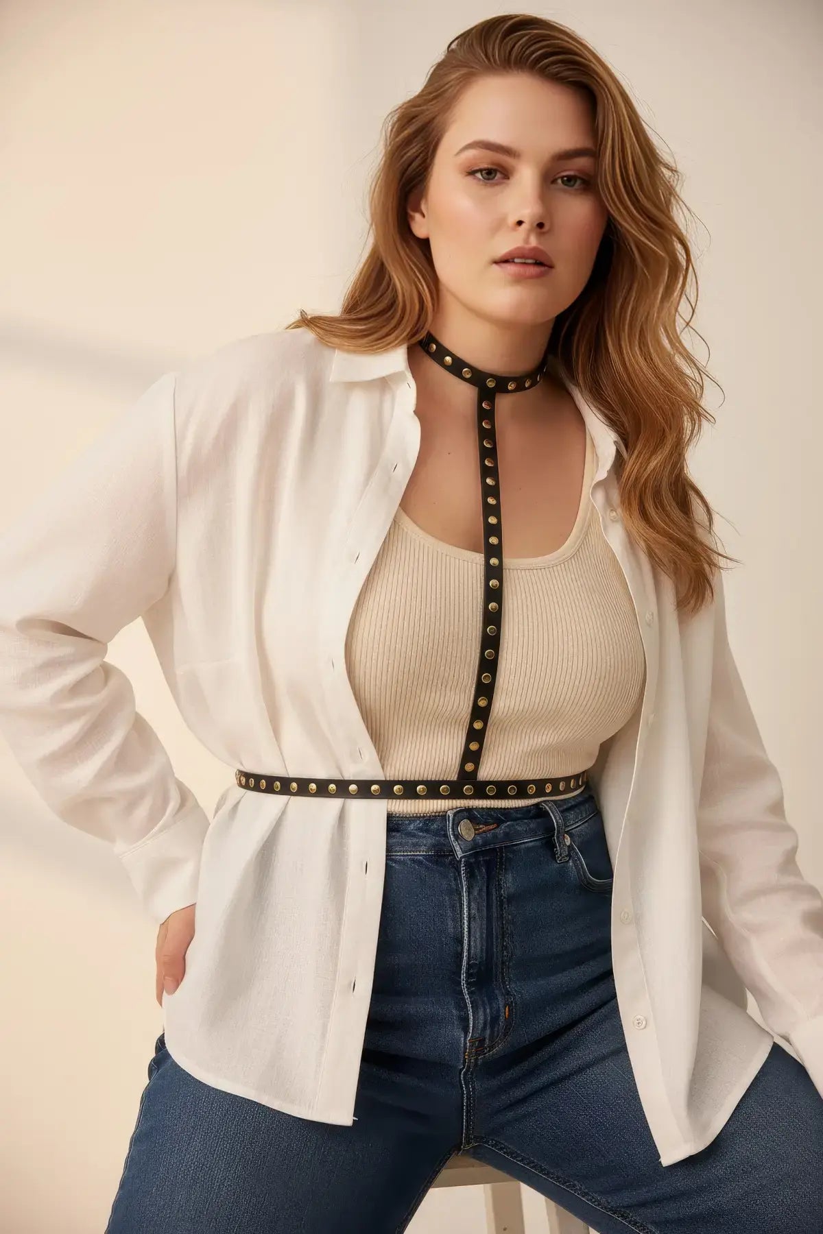 Plus-size black vegan leather stud collar and waist harness with gold-tone studs by HarnessClub